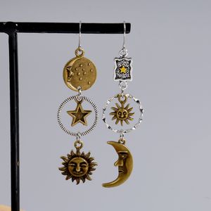 Stud Vintage Pentagram Sun Moon Long Pendant Asymmetrical Personality Lady Earrings 230714