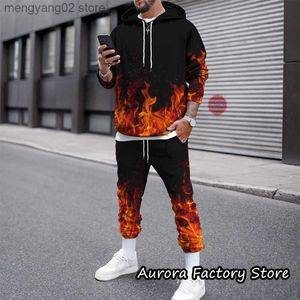 Tute da uomo Colorful Flame Pattern Felpa con cappuccio Set Primavera Autunno Tuta manica lunga da uomo Moda maschile Abbigliamento con cappuccio Cappotto casual con cappello T230714