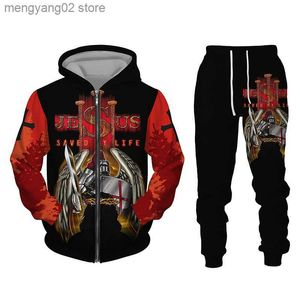 Herren-Trainingsanzüge, Ritter der Tempelritter, 3D-gedruckter Reißverschluss, Herren-Kapuzenpullover/Mantel/Hosen-Trainingsanzug, Unisex, Streetwear, Hoodie, Freizeitjacke, Hose, 2-teiliges Set T230714