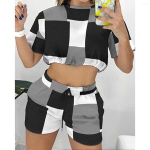 Kvinnors spårningsdräkter 2st sommarmönster Tryck Biker Shorts Women Round Neck Crop Top och Two Piece Set Casual Matching Outfits