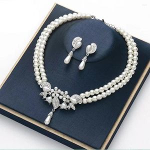 Necklace Earrings Set Elegant Style Double Layer Bride Women Vintage Wedding Jewelry With Hypoallergenic Faux Pearl Accents