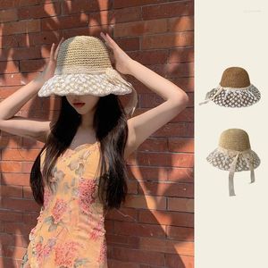 Breda randen hattar koreansk version strå hatt kvinnors sommarskydd stora spetsar sol strand havssemester vikbar hink cap gorras
