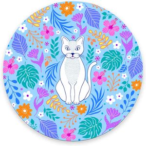 Alfombrilla de ratón redonda con diseño de gato blanco y flores coloridas, alfombrilla de ratón para juegos, alfombrilla de ratón Circular impermeable, Base de goma antideslizante para oficina