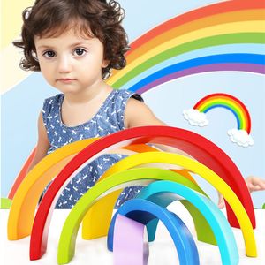 Conjunto de 7 unidades para crianças Blocos de arco-íris de madeira Criativo Construção de madeira Quebra-cabeça Montessori Blocos coloridos Tipo Brinquedo educacional