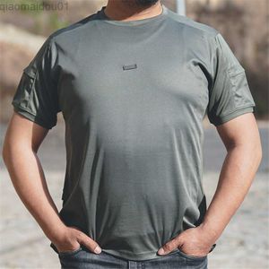 Camisetas masculinas de gola redonda, camiseta tática de manga curta, de secagem rápida, camiseta para atividades ao ar livre, verão, caminhadas, acampamento, pesca, blusa de manga curta com bolsos L230713