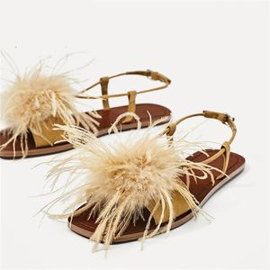 Gai Feather Decor Dorat Sandals Furt Flat Buty Lets Lats Beach Sandal Valentine But Square Stopa Casual Flats Slajdes 230713 GAI