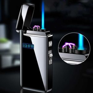 Novo Tiktok Metal à prova de vento Elétrico USB Isqueiro Torch Turbo Dual Arc LED Plasma Sem Gás Carregável Butano Tubo Charuto 6AEY