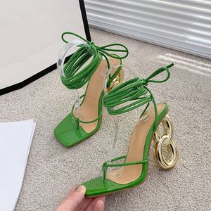 Sandalen Liyke Fashion Green Cross Knöchelriemen Damen Seltsame High Heels Sexy Sandalen Sommer Pinch Narrow Band Square Toe Party Schuh 230714