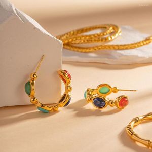 Orecchini a bottone vintage colorati in pietra naturale in acciaio inossidabile da donna gioielli Boho delicati in oro 18 carati a forma di C femminile