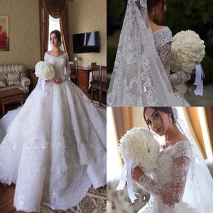 2019 eleganckie długie rękawy suknie balowe sukienki ślubne v szyja koronkowe aplikacje cekiny kryształowe koraliki
