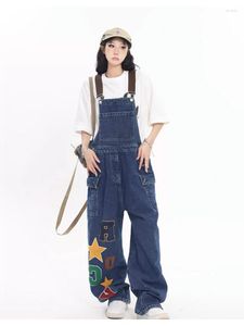 Kvinnor jeans kvinnor lös raka overaller casual rem blå denim byxor hip hop suspender byxor streetwear kvinnlig tryck jumpsuit