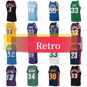 Retro Maglia da basket Larry Bird James Carmelo Anthony Dikembe Mutombo Curry Ray Allen Patrick Ewing Allen Iverson Carter Karl Malone Stitched Mens Maglie