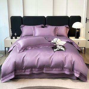 Set di biancheria da letto 1000TC cotone a fiocco lungo viola blu set premium 4 pezzi morbido e confortevole bordo patchwork copripiumino lenzuolo federe