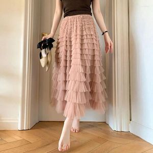 Skirts Cake Women 2023 Summer Elegant Ruffles A Line Long Female Casual Elastic Waist Party Lace Skirt Faldas