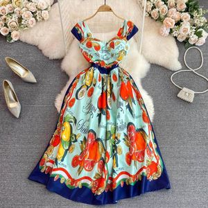 Lässige Kleider 2023 Frauen Kleid Sommer Runway Zitronenblume Buchstaben Drucken Strand Ärmellos Tasse Gepolstert Rückenfrei Reißverschluss Urlaub Midi Vestidos