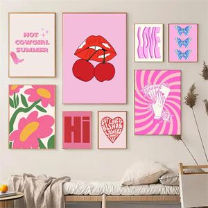 Retro Cocktail Discoteca Pintura em tela Lábios sensuais Cherry Estética Posters e Impressões Rosa Preppy Wall Art Pictures Para Dormitório Decoração w06