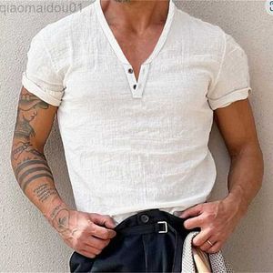 Camisetas masculinas vintage design de linho de algodão camisetas masculinas casual cor sólida decote em V camisetas abotoadas verão nova moda fina manga curta tops L230713