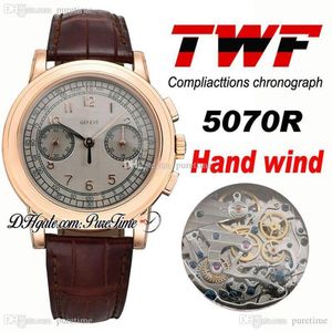 TWF Platinum Compliacttions Chronograph 5070R Hand Winding Automatic Mens Watch 18K Rose Gold Gray Dial Brown Leather PTPP Puretim310r