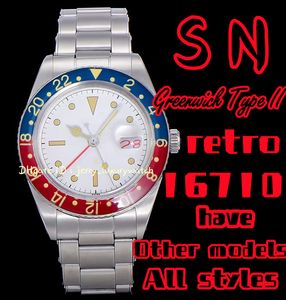 SN 16710 retro Greenwich tipo II GMT Relógio masculino de luxo 2836-2 Movimento mecânico 904L Aço inoxidável 40 mm hora dupla Banda de aço comercial casual sete