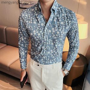 Men's Casual Shirts Trend V-Neck Floral Shirts for Men Streetwear Flowers Printed Slim Fit Chemise Homme Luxe Haute Qualite Long Sleeve Dress Shirt T230714