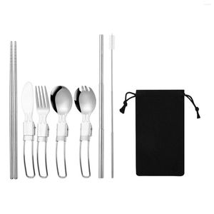 Dinnerware Sets 304 Stainless Steel Folding Cutlery Set Outdoor Travel Camping Portable Kitchen Accessories Fork Spoon Chopsticks With Bags
