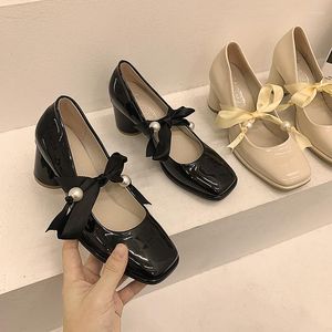 Elbise Ayakkabı 2023 Japonca Deri Mary Janes Kadın Tacones Tacones Kare Toe Yuvarlak Yüksek Topuklu Peri Riband Yay Knot Dantel Yukarı Pompalar Kadın