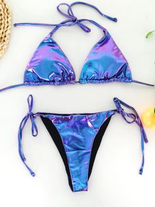 Одевать сексуальное треугольное бикини 2022 Mujer Sequin Blue Push Up Extreme Thong Swimwear Бразильский купальный костюм для купальника Micro Biquini