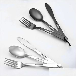 Flatware Sets Black Portable Knife Fork Spoon Set 3Pcs Home Use Travel Cam Cutlery Drop Delivery Garden Kitchen Dining Bar Dhx10