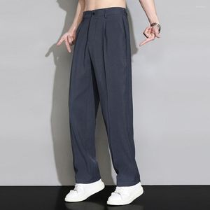 Men's Pants Men Ice Silk Casual Long Elastic Waist Buttons Pockets Straight Wide Leg Draped Thin Business Trousers