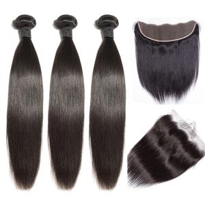 3 Pcs Straight 11A 100% Virgin Human Hair Bundles plus transparente 13x4 Frontal Silk Unprocessed Human Hair Extensions Indian Malaysian Cambodian Brazilian