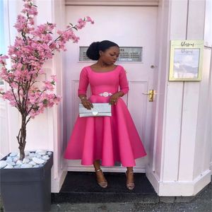 New In Hot Pink Evening Dress A Line Scoop Tea Length Black Girls Prom Dresses South African Women Cocktail Graduation Party Holiday Short Special Occasion Wear 2023