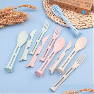 Flatware Sets Portable Wheat St Cutlery Reusable Spoon Knife Forks Tableware Set For Picnics Travel And Daily Use Drop Delivery Home Dhydc