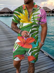 Agasalhos masculinos estilo havaiano camiseta shorts terno oversized solto meio zíper lapela manga curta polo wear masculino conjunto de roupas de verão