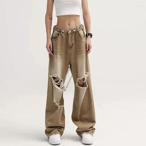 Women's Jeans Sexy Low Waist Ripped Woman 90s Retro Hole Loose Denim Pants Women Summer Khaki Gray Y2k Streetwear Straight Trousers