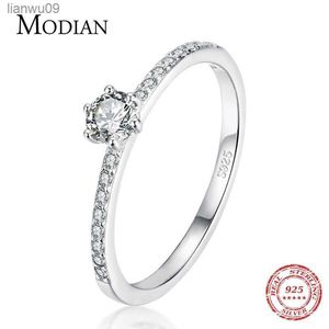 Modian Solid 925 Sterling Silver Simple Round Clear CZ Finger Rings For Women Girls Cassic Wedding Statement Fine Jewelry Gift L230704