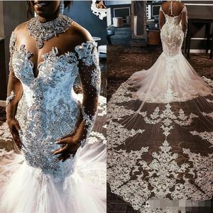Luxury Crystal Beaded Mermaid Wedding Dresses Jewel Neck Cathedral Train Lace Applique Long Sleeves Wedding Bridal Gown Vestido de264Q