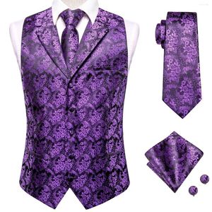 Men's Vests Hi-Tie Purple Silk Mens Tie Hanky Cufflinks Set Flat Collar Jacquard Sleeveless Waistcoat Male Wedding Business Oversized