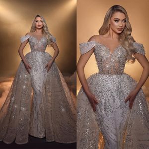 Elegant Beads Mermaid Wedding Dresses With Detachable Train Off The Shoulder Sequined Pearls Bridal Gowns