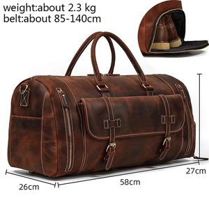 Duffel Bags Luufan äkta läder Mäns resväska med skoficka Big Capacity Vintage Crazy Horse Leather Weekend Luuage Messenger Bag 230714