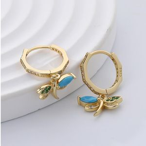 Studörhängen Kvinnor S925 Pure Silver Champagne Gold Dragonfly Blue Turquoise Zircon Hexagonal Fashion Jewelry