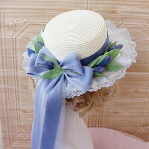 Wide Brim Hats Women Girl Lolita Handmade Straw Sun Hat Tulip Lace Patchwork Ribbon Bandage Bowknot Elegant Tea Party Beach Flat Sweet