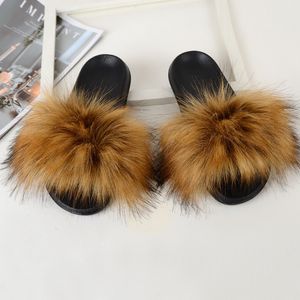 GAI Faux Fur Slippers House Furry Slides Home Summer Women Shoes Fluffy Plush Ladies Sandals Flip Flops Flat Outdoor Mule Big Size 230713