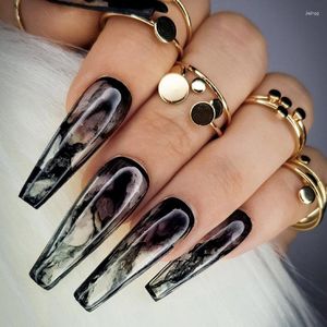 Unhas Postiças Acessórios Falsos 3D Longas Pontas de Caixão Francesas Tinta Salpicada Halo Tingimento Manicure Faux Ongles Press On Acrílico Conjunto de Unhas