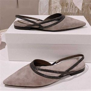 Tofflor 2023 Summer Pointy Toe Suede Leather Flat Crystal Sandals Women Brand Slingback Shoes Casual Holiday Beach Mules Kvinna