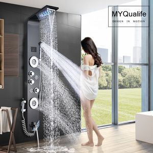 Banyo lavabo musluklar siyah led hafif duş musluk spa masaj jet sütun sistemi şelale yağmur paneli bidet püskürtücü musluk 230713