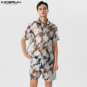 Tute da uomo Completi da uomo Jacquard Mesh Trasparente Risvolto Camicia a maniche corte Pantaloncini 2PCS Streetwear Party Abiti da uomo alla moda S5XL INCERUN 230713