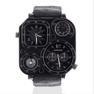 GMT Dual Time Military Mens Watch Outdoor Quartz Watches Canvas Band Compass 50mm Large Square Dial Masculine Wristwatches247R