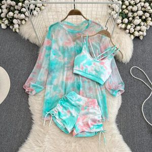 Fatos de Treino Feminino Moda Feminina Verão Elegante Treino Tie-Dye Camisas Casuais Blusa Crop Regatas E Shorts Calças 3 Peças Feminino