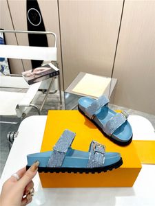 Luis Vuittons Top-quality Denim Luxury Womens Designer Sunbath Flat Bom Dia Flat Mule with Box Best Quality