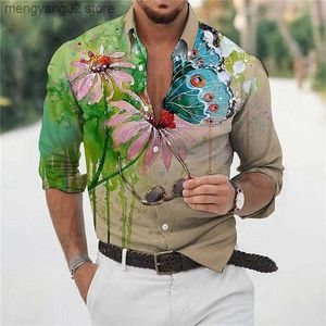 Mäns avslappnade skjortor 2022 Hawaiian Butterfly Shirts For Men 3d Long Sleeve Flower Shirt Beach V-Neck Overdized Tops Tee Shirt Homme Summer Clothing T230714